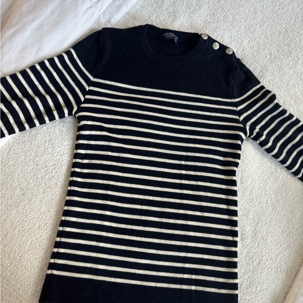 Saint James Blue and White Striped Crew Neck Sweater